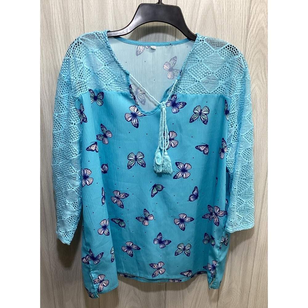 UNBRANDED Women's (Size 2XL) 3/4 Sleeve Tie Neck Shirt Crochet Accent Butterfly